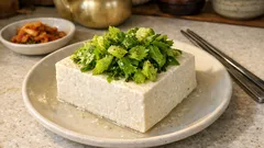 물기만 제대로 빼면 끝—셀러리 잎 올린 냉두부(히야야코 스타일)