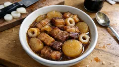 냄비 하나로 완성: 삼겹살·무·치쿠와 간장조림, 짧게 조려도 맛이 진해요